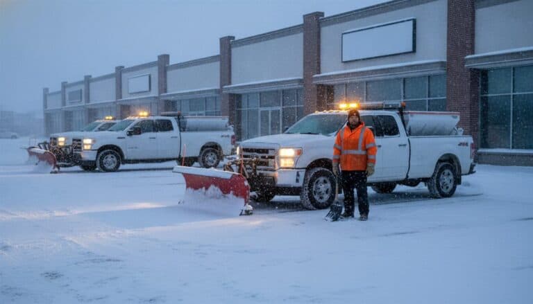 Snow contractor in hi-vis beside a plow truck in a snowy plaza parking lot at dawn