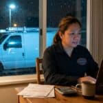 Plumber weighing sole proprietor vs corporation at her kitchen table at night, laptop and invoices out, her van in the snow outside