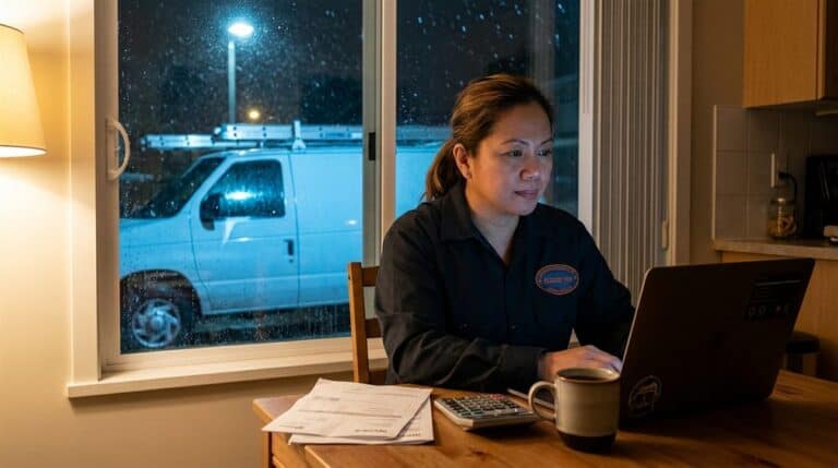 Plumber weighing sole proprietor vs corporation at her kitchen table at night, laptop and invoices out, her van in the snow outside