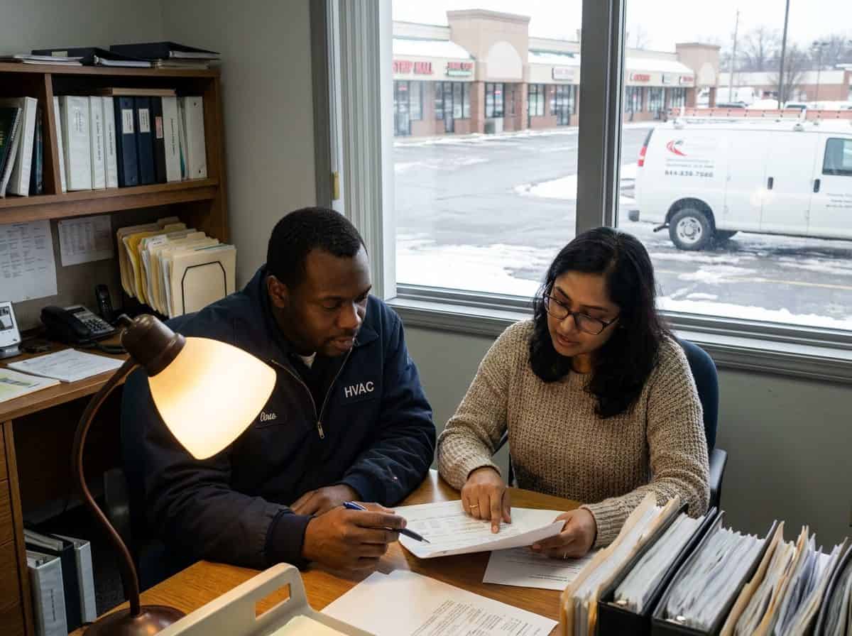 HVAC contractor and accountant comparing sole proprietor and corporation figures at a desk in a suburban Alberta office