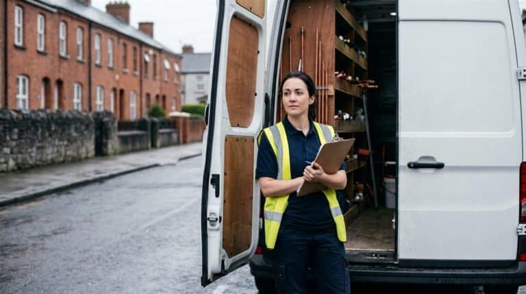 Plumber standing at the open rear doors of her van on a Limerick street, clipboard in hand