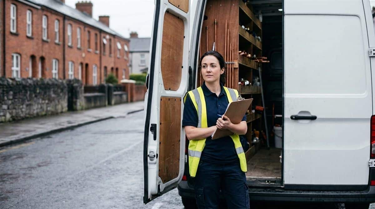 Plumber standing at the open rear doors of her van on a Limerick street, clipboard in hand
