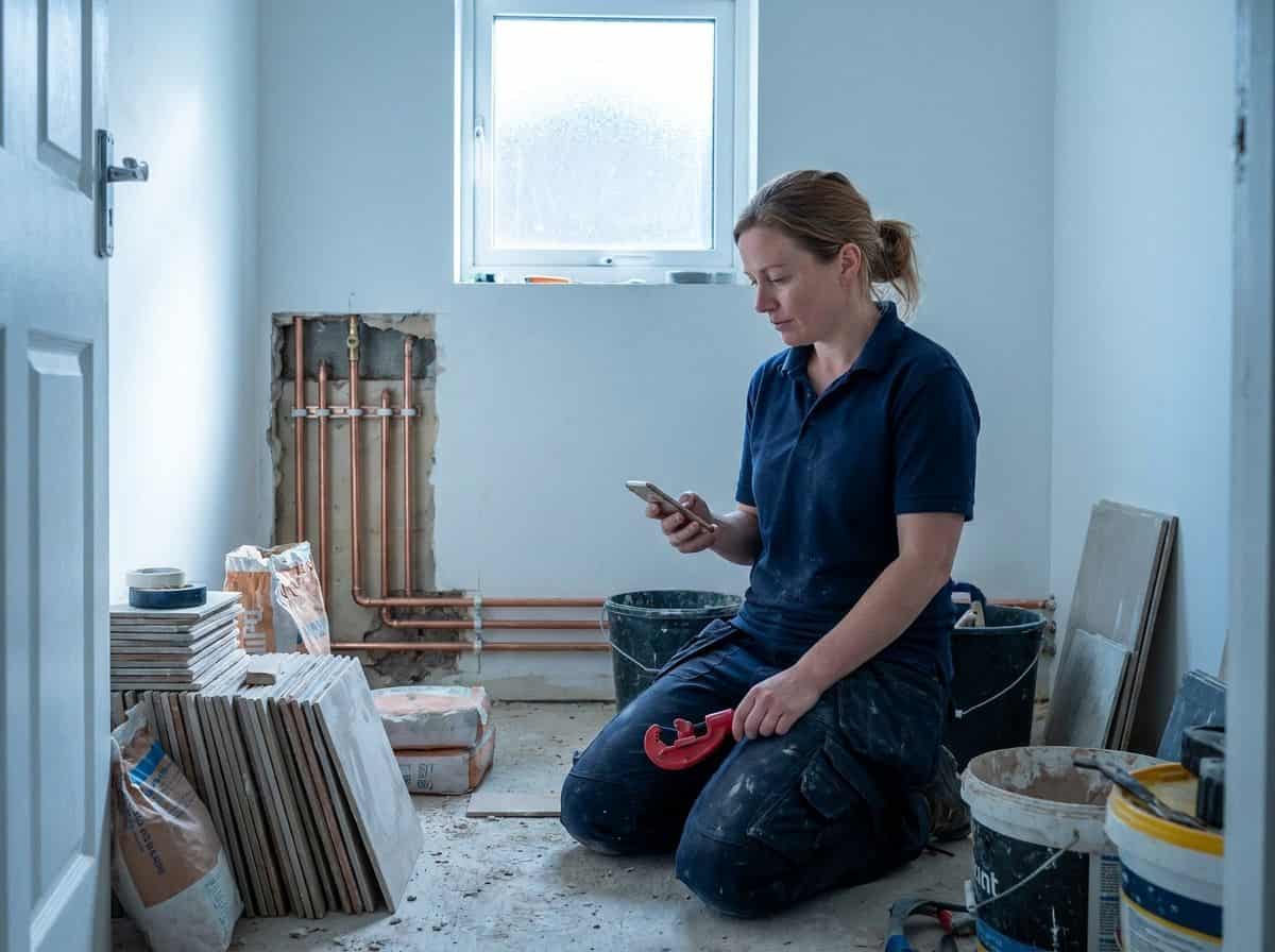 Plumber in a half-finished Limerick bathroom checking her phone, weighing sole trader vs limited company