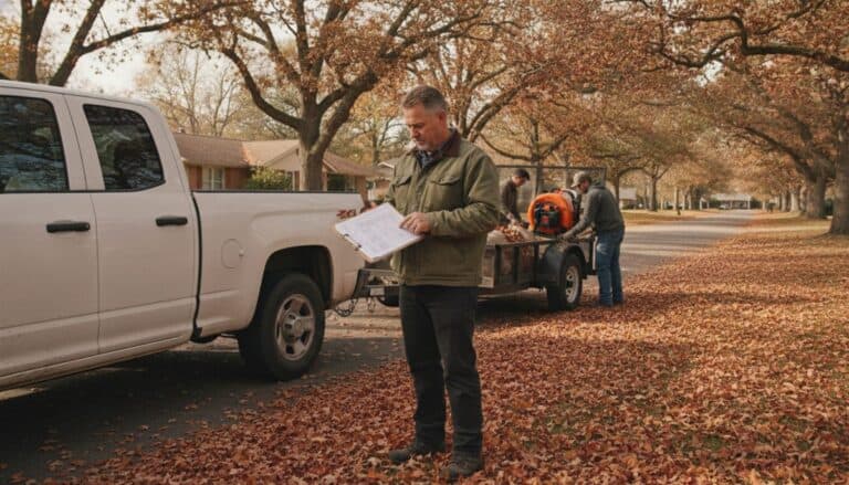 Landscaping company owner reviews figures on a clipboard beside a work truck while two crew members load a leaf blower onto a trailer