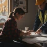 Contractor in a flannel shirt reviews subcontractor invoices while a foreman in a hard hat points at one