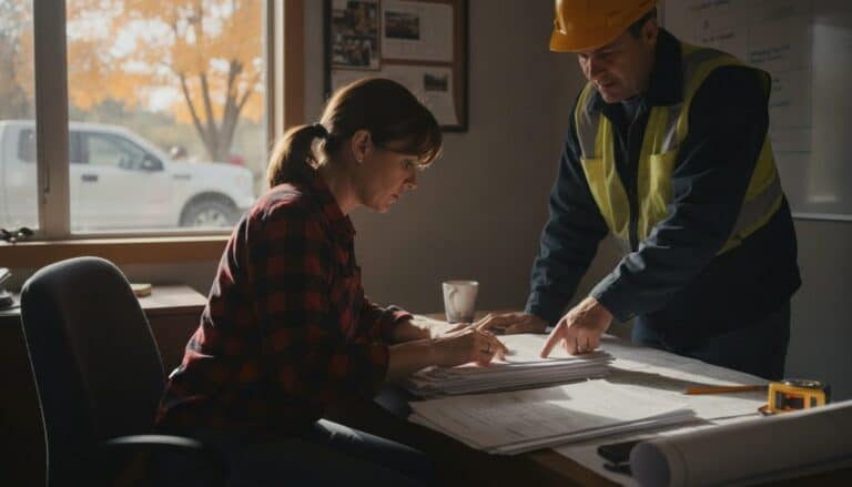 Contractor in a flannel shirt reviews subcontractor invoices while a foreman in a hard hat points at one