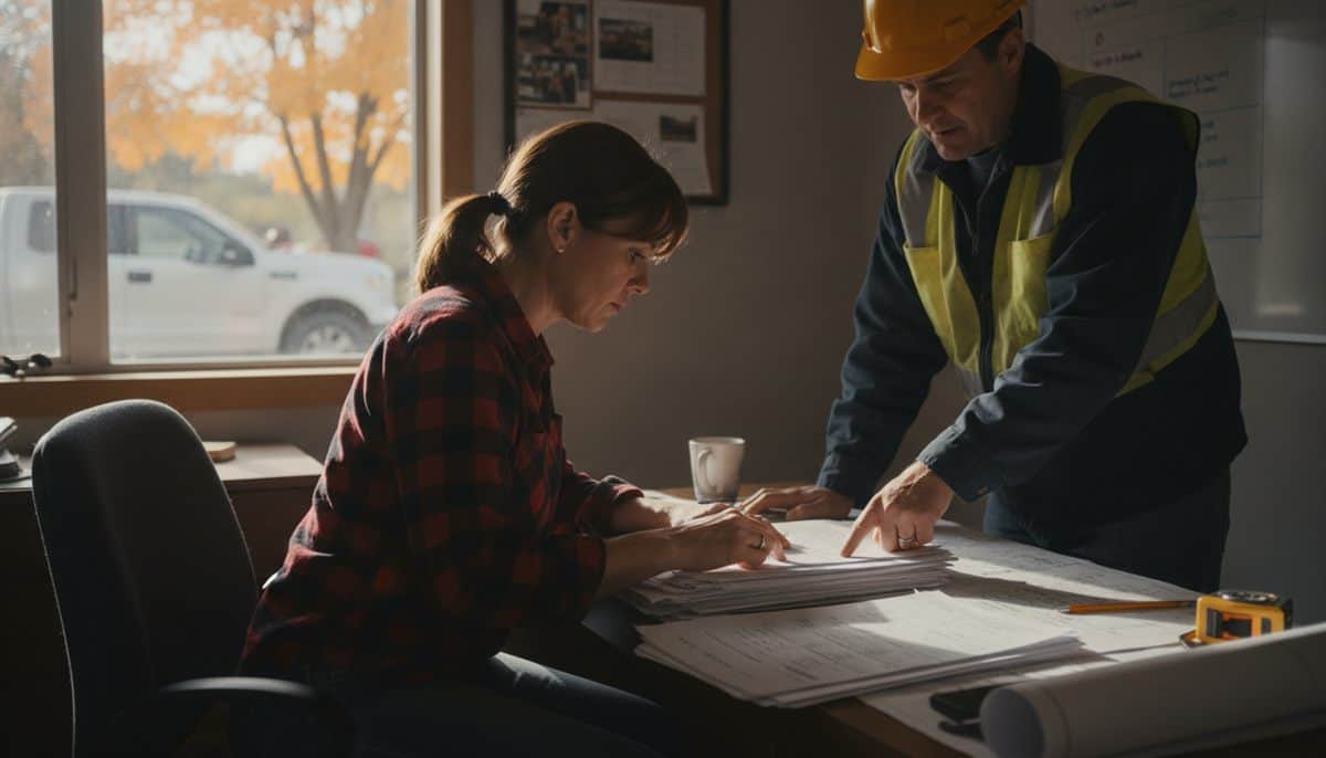 Contractor in a flannel shirt reviews subcontractor invoices while a foreman in a hard hat points at one