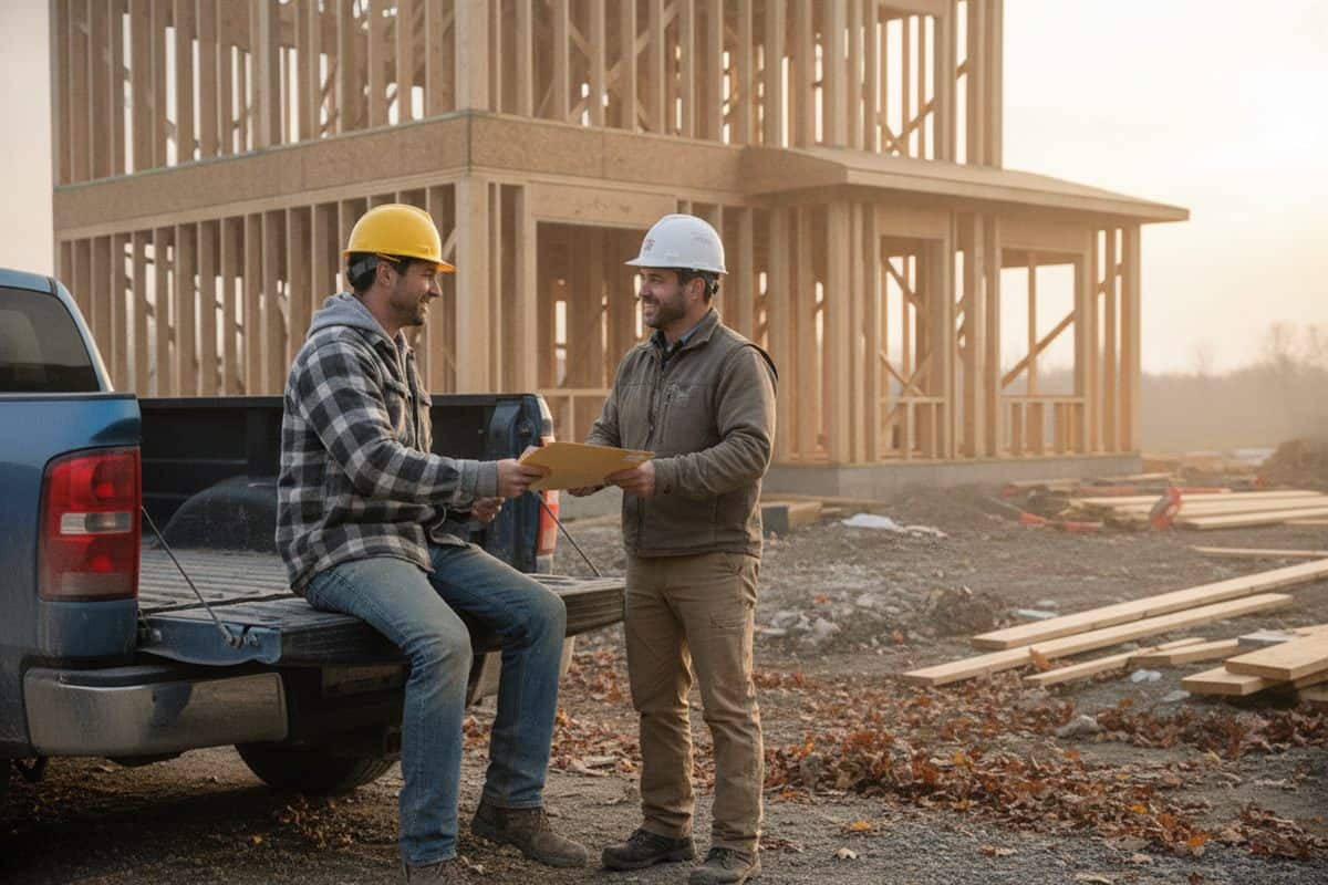 Subcontractor hands a folder to a general contractor at a pickup tailgate beside a framed house