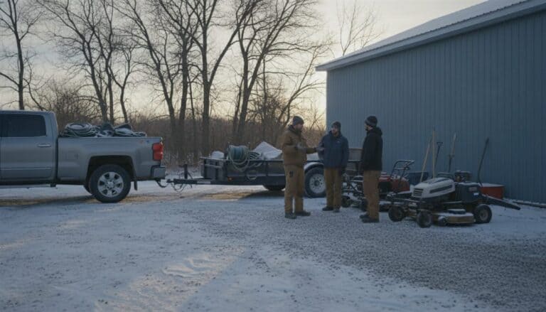 Landscaping crew in work jackets and toques talks beside mowers and a pickup with trailer in a snow-dusted equipment yard