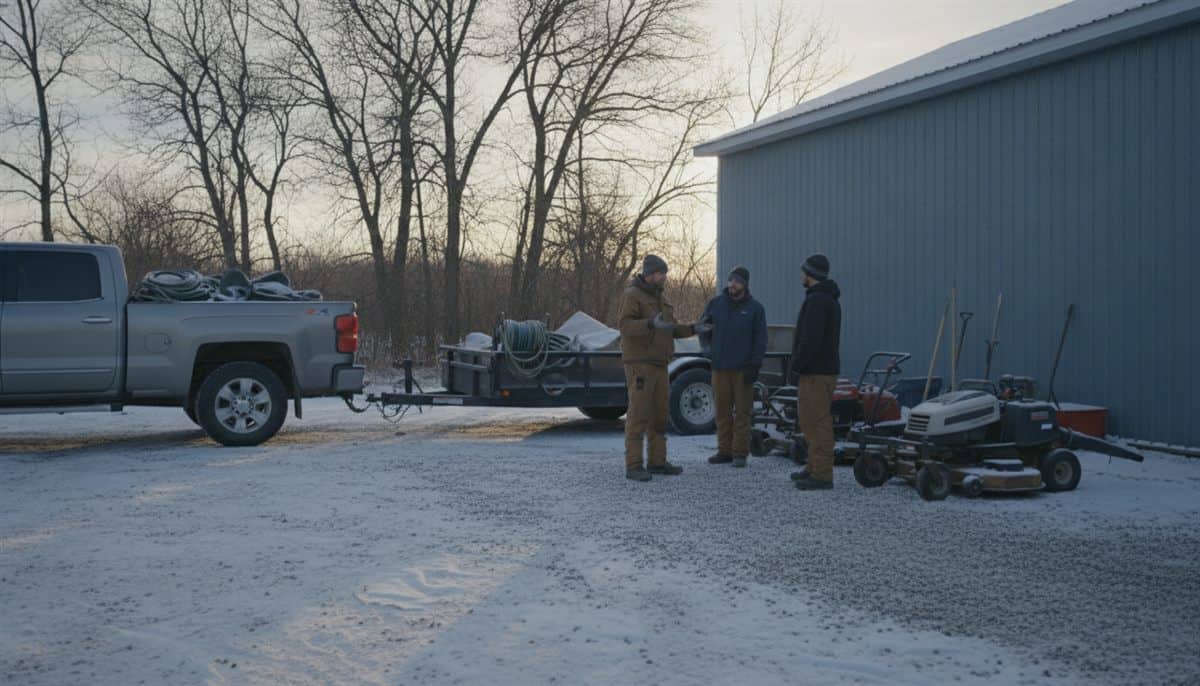 Landscaping crew in work jackets and toques talks beside mowers and a pickup with trailer in a snow-dusted equipment yard