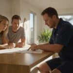 Electrician in a navy work shirt goes over a printed quote with a homeowner couple at a kitchen bench