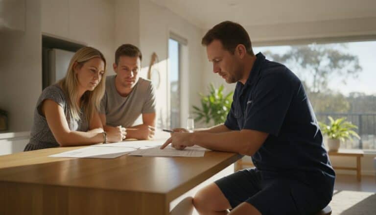 Electrician in a navy work shirt goes over a printed quote with a homeowner couple at a kitchen bench