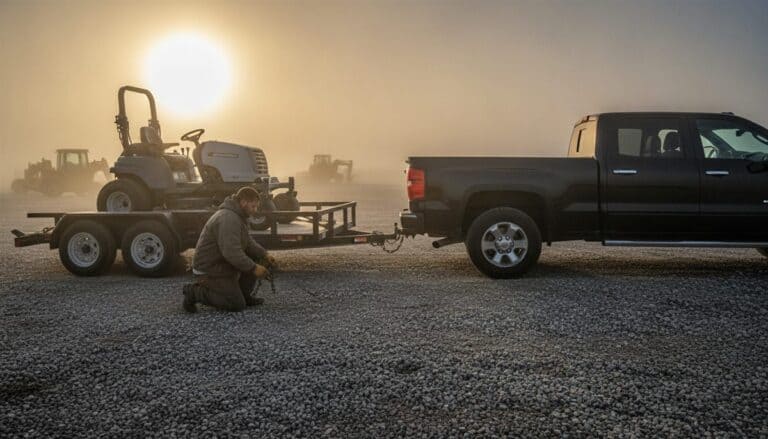 Landscaper kneels to attach trailer safety chains to a pickup in a misty equipment yard