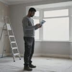 Painter and decorator checks a tablet in a half-finished front room of a 1930s semi