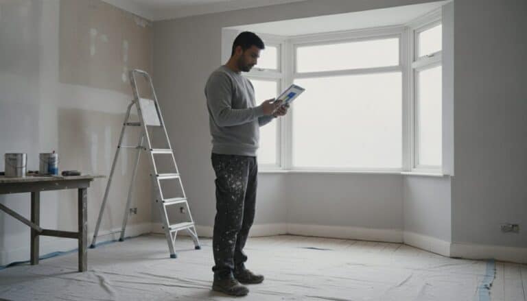 Painter and decorator checks a tablet in a half-finished front room of a 1930s semi