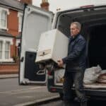 Heating engineer lifts an old boiler into the back of a white van outside a red-brick terraced house
