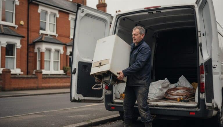 Heating engineer lifts an old boiler into the back of a white van outside a red-brick terraced house