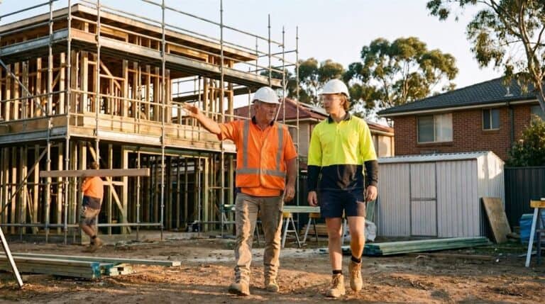 Site supervisor in a white hard hat shows a young new starter around a house frame under construction