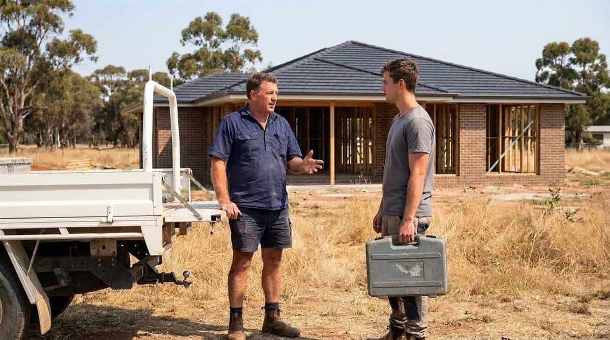 Contractor talks with a younger tradesman holding a toolbox beside a ute on a new house site
