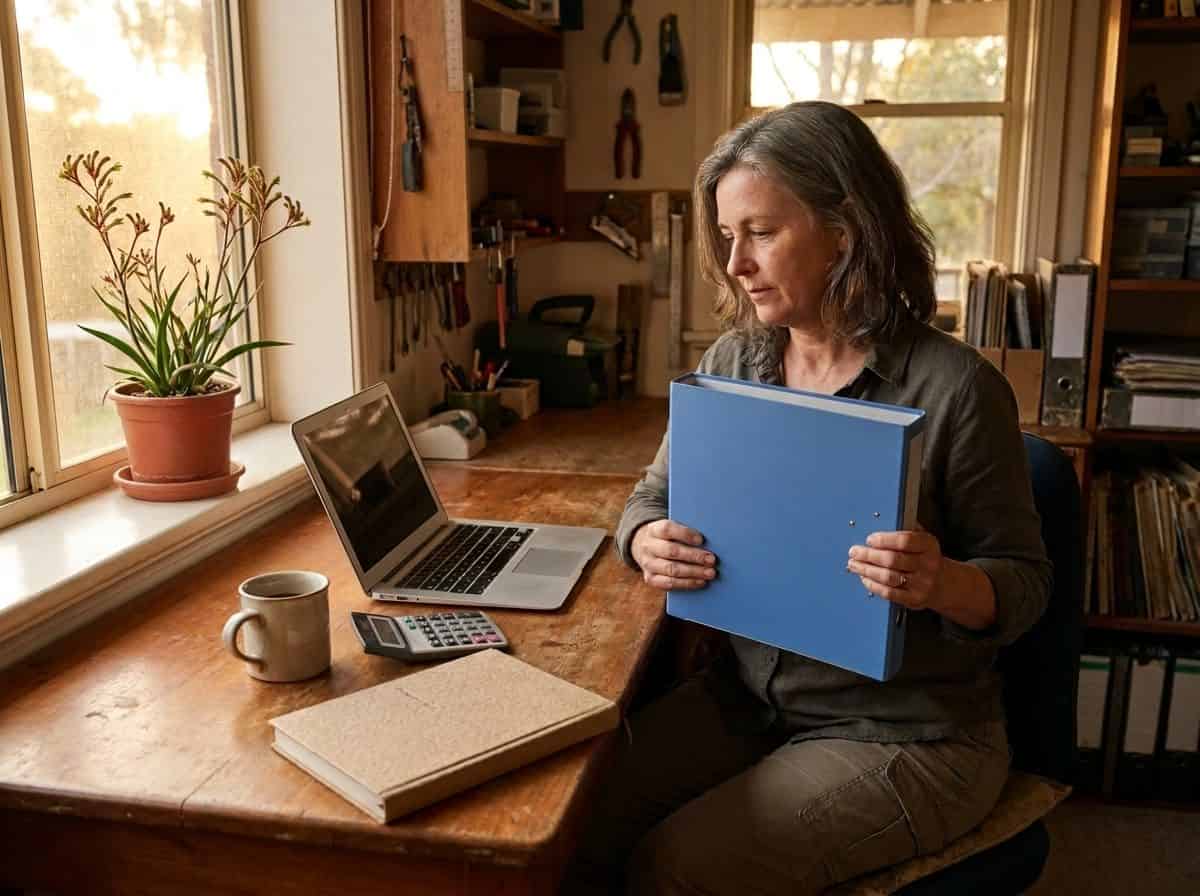 Business owner holds a blue ring binder at a home office desk beside a laptop and calculator