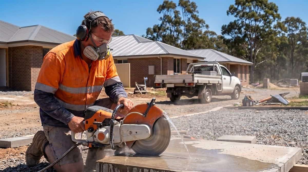 Concreter in hi-vis and half-face respirator wet-cutting a concrete slab on a suburban Australian site