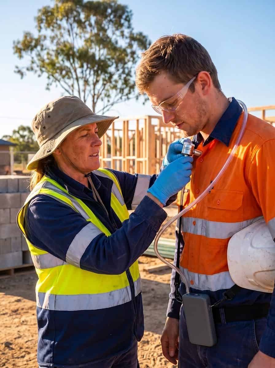 Occupational hygienist in a hi-vis vest clips a personal air sampler to a tradie's collar, with the pump on his belt, beside a timber house frame