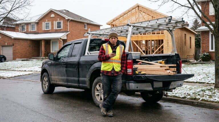 One-man framing contractor checking his phone beside his pickup on a snowy Ontario street, the case where WSIB for contractors is mandatory