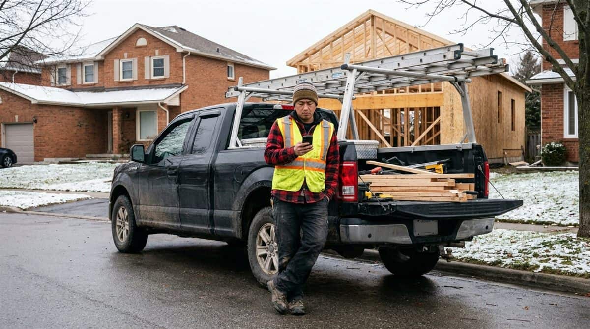One-man framing contractor checking his phone beside his pickup on a snowy Ontario street, the case where WSIB for contractors is mandatory