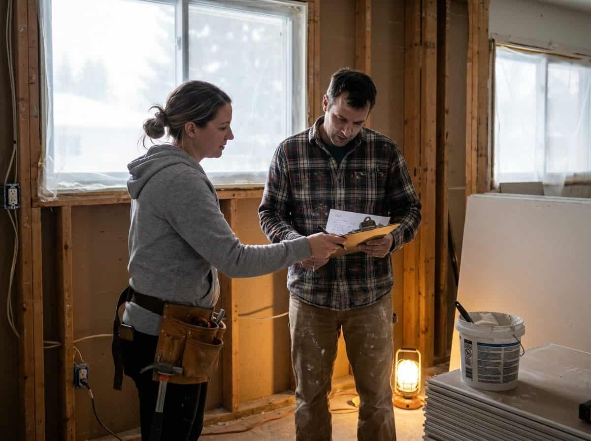 Two contractors reviewing a WSIB clearance on a clipboard inside a gutted kitchen renovation