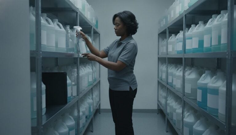 Commercial cleaner putting a label on a refilled spray bottle in a janitorial supply closet