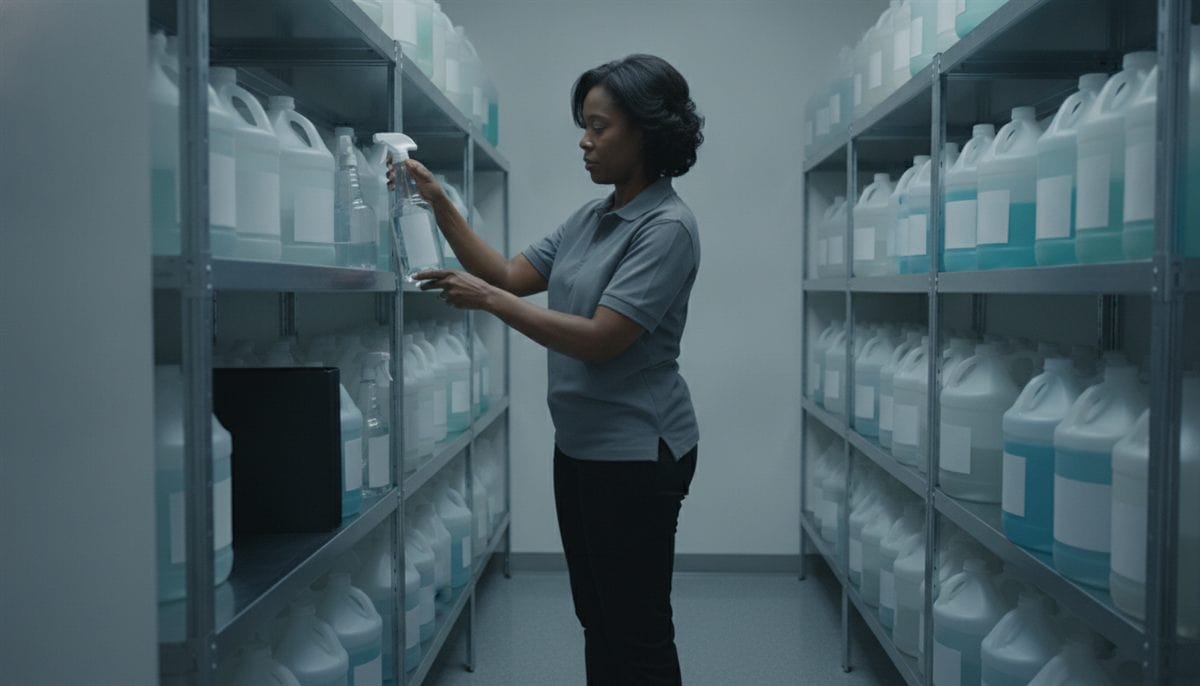Commercial cleaner putting a label on a refilled spray bottle in a janitorial supply closet