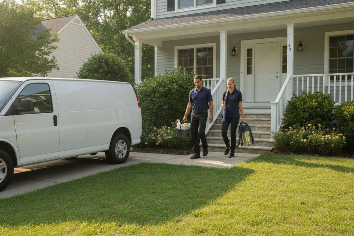 Two-person house cleaning crew carrying supplies up the front steps of a suburban home