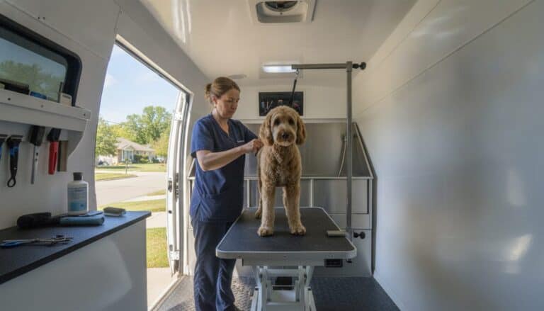 Mobile groomer trimming a golden doodle on a grooming table inside a clean grooming van