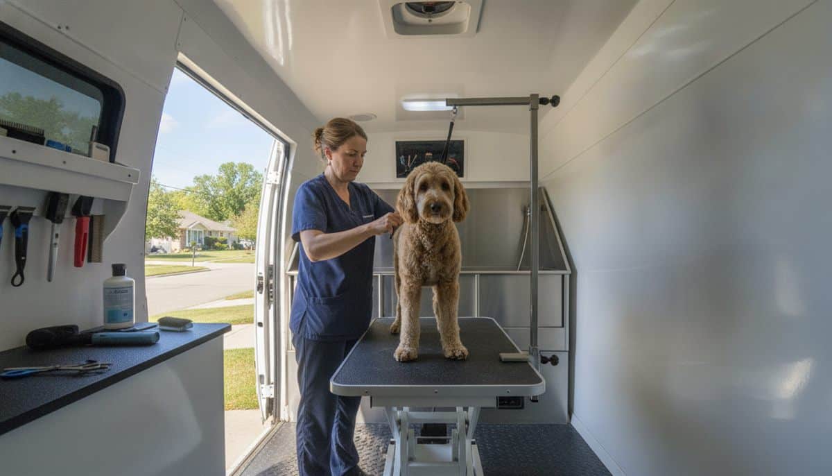 Mobile groomer trimming a golden doodle on a grooming table inside a clean grooming van