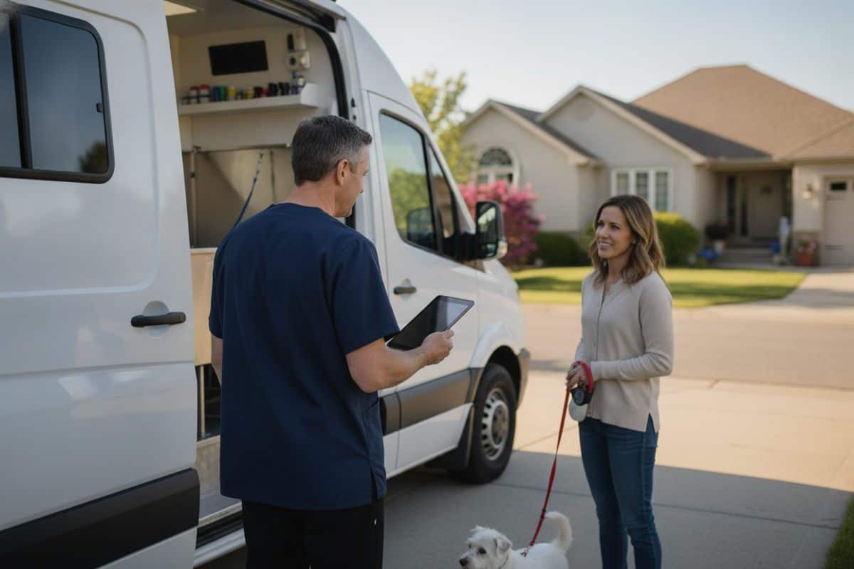 Mobile groomer at the van door talking with a homeowner holding a small terrier