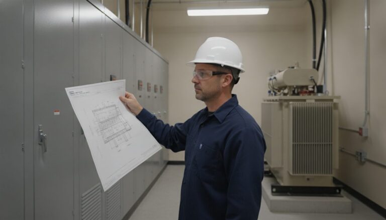 Electrical contractor reading a drawing beside switchboard sections and a transformer in an electrical room