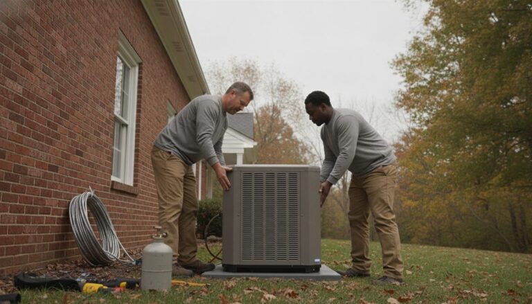 Two HVAC installers setting a new outdoor heat pump unit on a pad beside a brick house