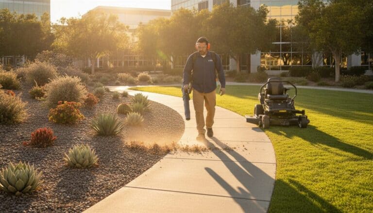Landscaper using a battery backpack leaf blower beside drought-tolerant planting at an office park