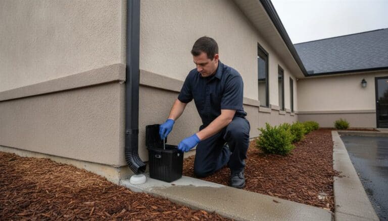 Pest control technician in gloves inspecting a tamper-resistant rodent bait station by a building