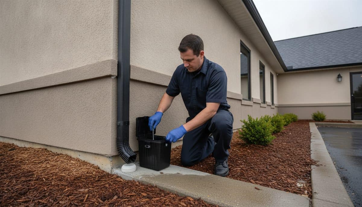 Pest control technician in gloves inspecting a tamper-resistant rodent bait station by a building