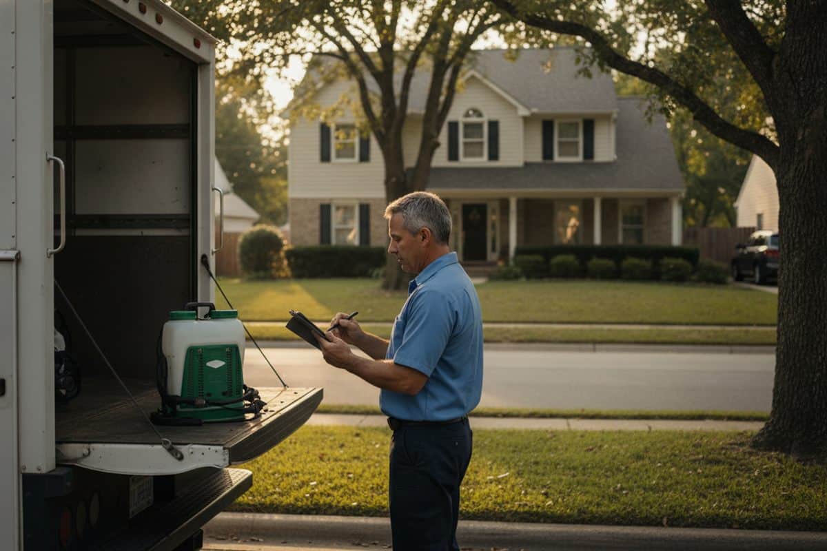 Pest control technician writing a service record on a tablet beside his truck outside a home