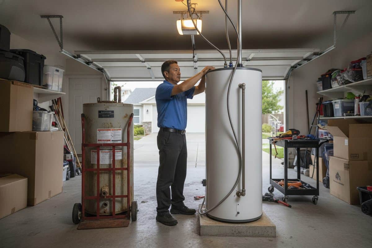 Plumber connecting a new heat pump water heater in a garage beside the old tank on a hand truck