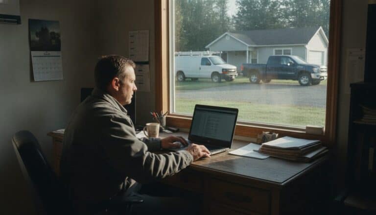 Owner of a small home-services company reviewing payroll on a laptop with service vans outside