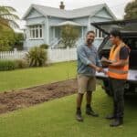 Landscaping business owner shakes hands with a new young worker in hi-vis beside a ute outside a weatherboard villa