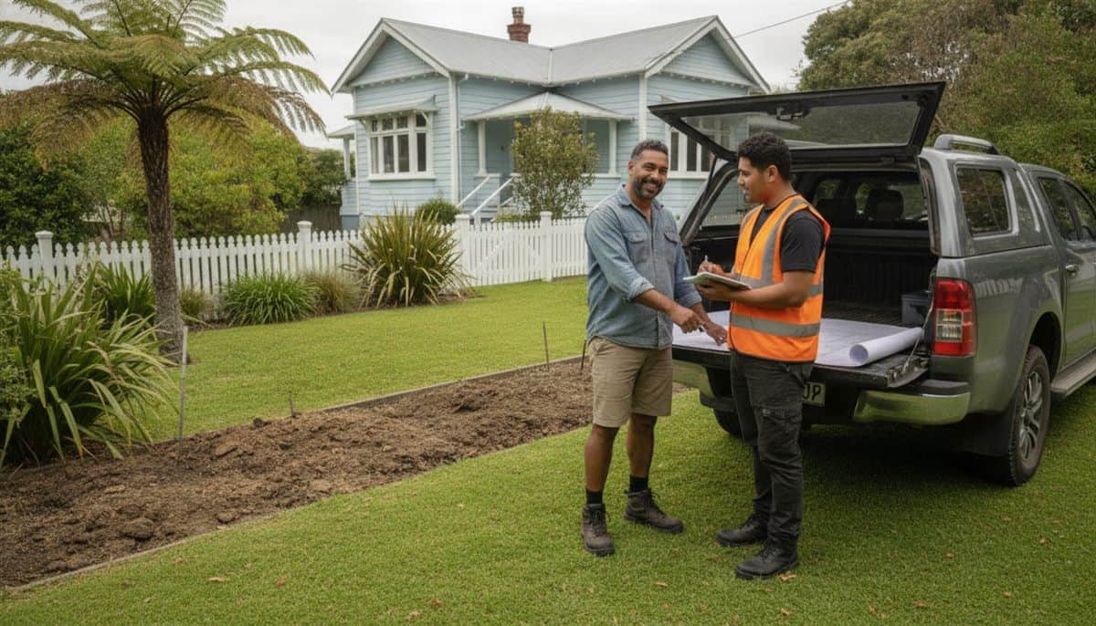 Landscaping business owner shakes hands with a new young worker in hi-vis beside a ute outside a weatherboard villa
