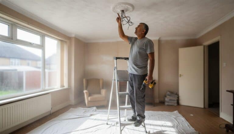 Electrician in a grey t-shirt beside a stepladder pointing at the wiring of an old ceiling rose on a textured ceiling, drill lowered in his other hand, dust sheet on the floor