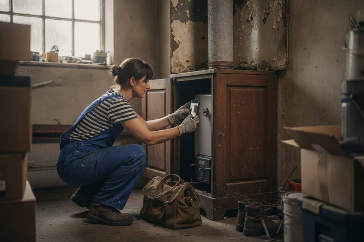 Plumber in blue overalls crouching to photograph an old boiler inside a wooden cupboard with a grey flue pipe and worn panels above it