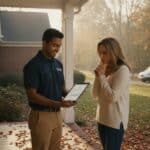 HVAC technician in a navy polo shows a homeowner a service agreement on a tablet on an autumn porch