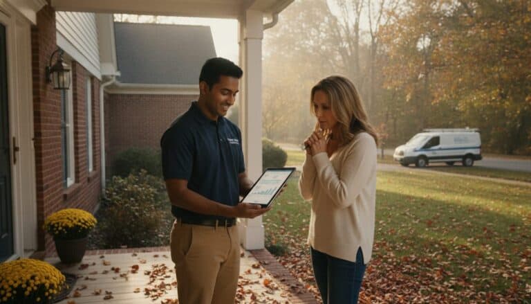 HVAC technician in a navy polo shows a homeowner a service agreement on a tablet on an autumn porch