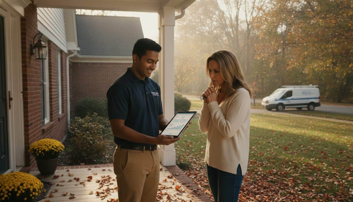 HVAC technician in a navy polo shows a homeowner a service agreement on a tablet on an autumn porch